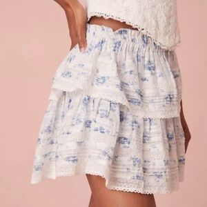 LoveShackFancy White and Blue Floral Mini Skirt